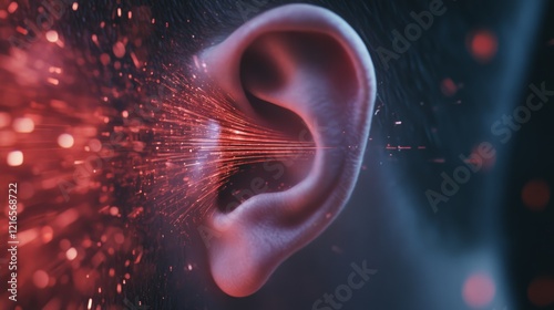 Visualizing sound waves entering the human ear through dynamic red and orange streaks of light, illustrating the intricate mechanisms of auditory perception and hearing photo