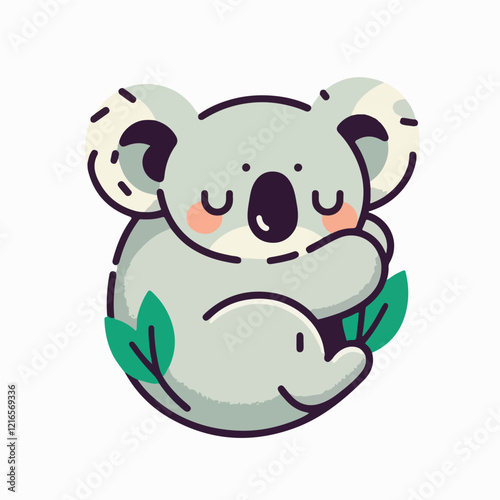 Sleepy Koala Illustration: A charming and adorable illustration of a koala bear, with closed eyes and a serene expression, nestled amongst leaves, evokes a sense of calmness and tranquility.