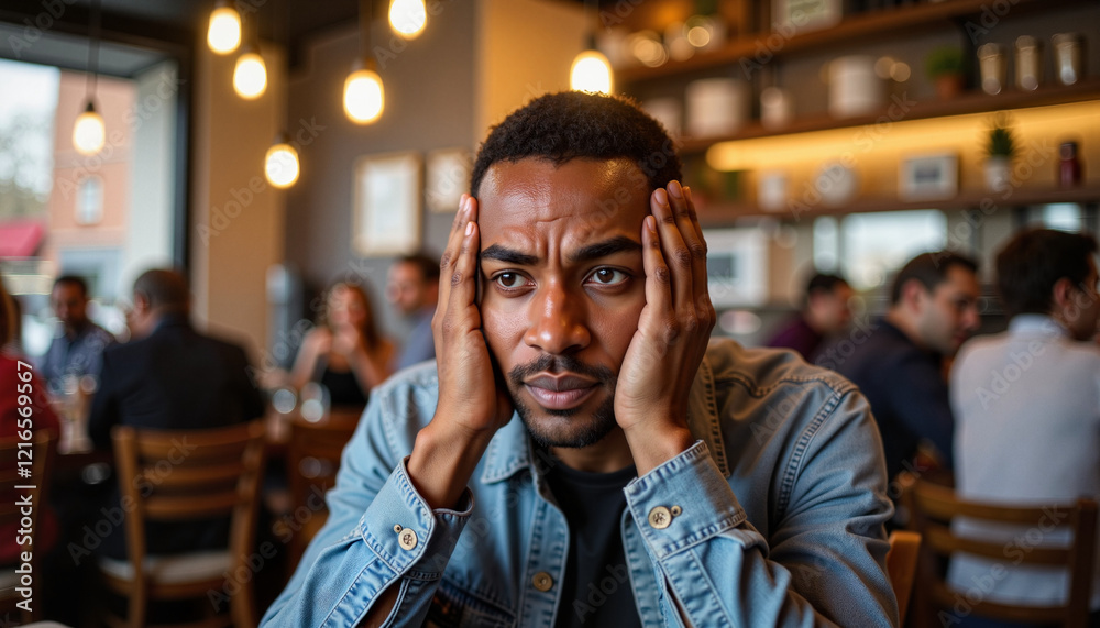 Middle-aged Black man feeling social anxiety in crowded cafe, human phobias Middle-aged Black man feeling social anxiety in crowded cafe, human phobias