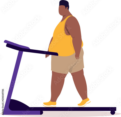 Side View Of One Overweight Black Man In Sports Clothing Walking On A Treadmill.