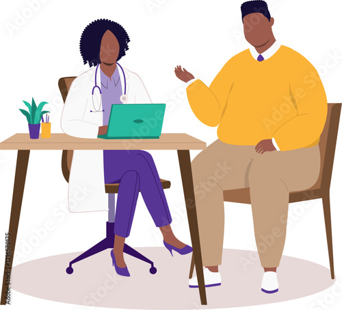 Overweight Black Man Seeing A Female Doctor.
