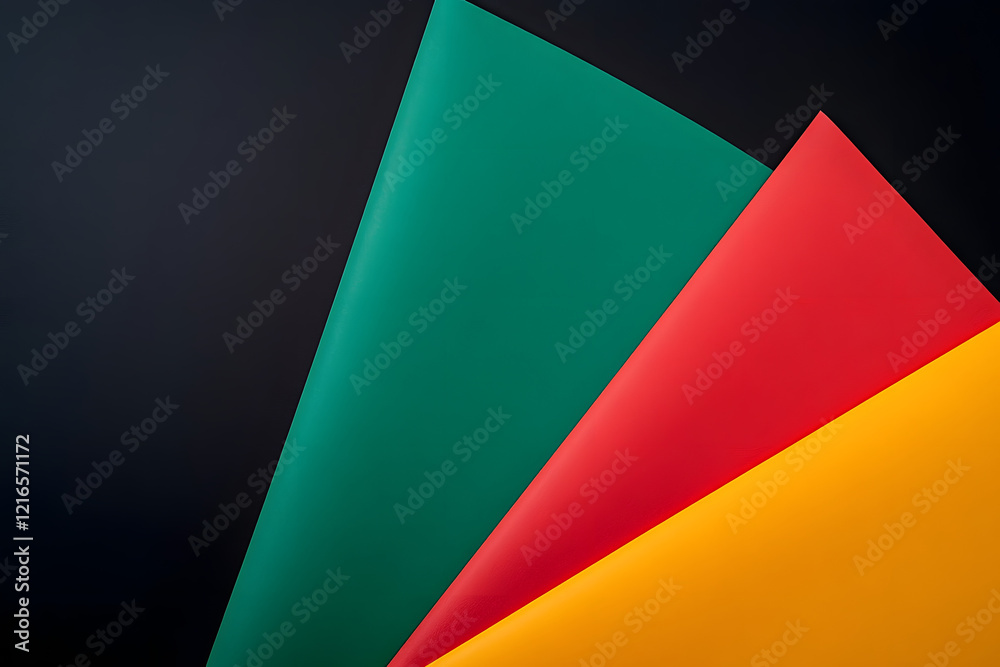 Fototapeta premium Red, yellow and green color paper on the black background. Black History Month concept. Flat lay. Copy space.