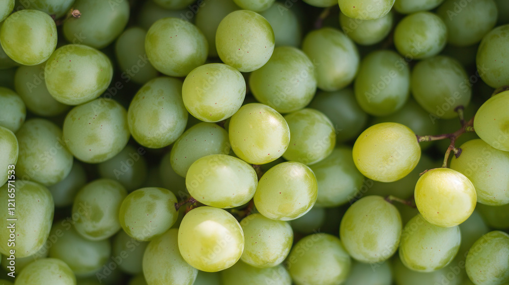 A close-up view of fresh green grapes gathered together in a harvest basket on a bright sunny day in a vineyard setting A close-up view of fresh green grapes gathered together in a harvest basket on a bright sunny day in a vineyard setting