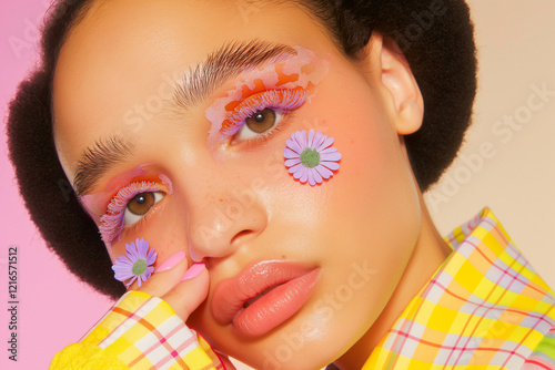 A colorful fashion portrait featuring pastel tones and floral eye details. Vibrant and artistic makeup look with soft lighting.