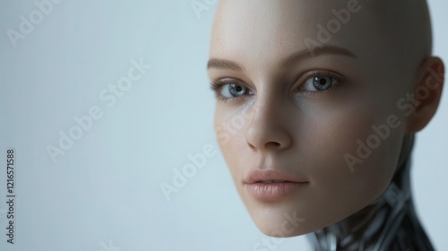 hyperrealistic android female with porcelainlike skin iridescent eyes subtle mechanical joints ethereal lighting minimalist white studio setting photo