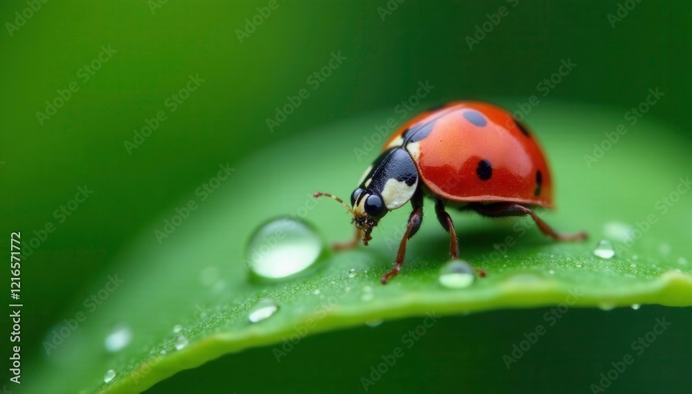 Delicate red ladybug on dew-kissed leaf surface, macro photography, insect on leaf, dew drops Delicate red ladybug on dew-kissed leaf surface, macro photography, insect on leaf, dew drops
