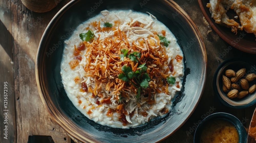 Aromatic Chicken Congee: Creamy Rice Porridge with Crispy Onions