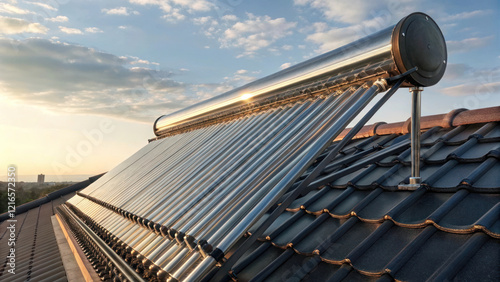 detailed shot of rooftop solar water heater reflecting sunlight
