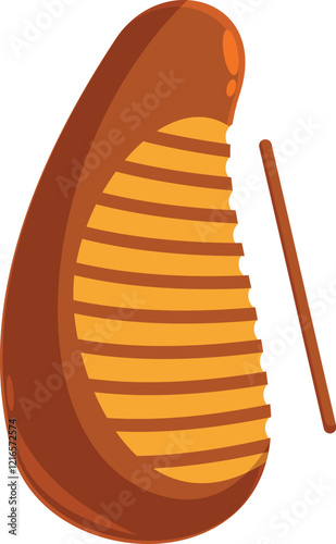 Traditional latin american percussion instrument guiro made of wood with its stick lying nearby, isolated on white