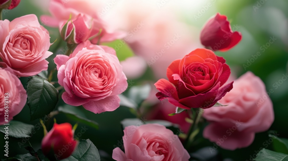 Beautiful Pink and Red Roses in Bloom Surrounded by Lush Green Foliage Beautiful Pink and Red Roses in Bloom Surrounded by Lush Green Foliage