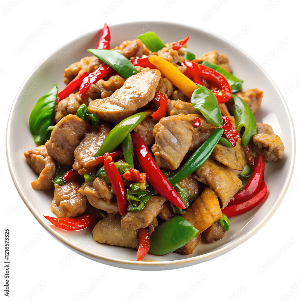 Stir fry pork with pepper chilli thai food isolated on transparent background, png
