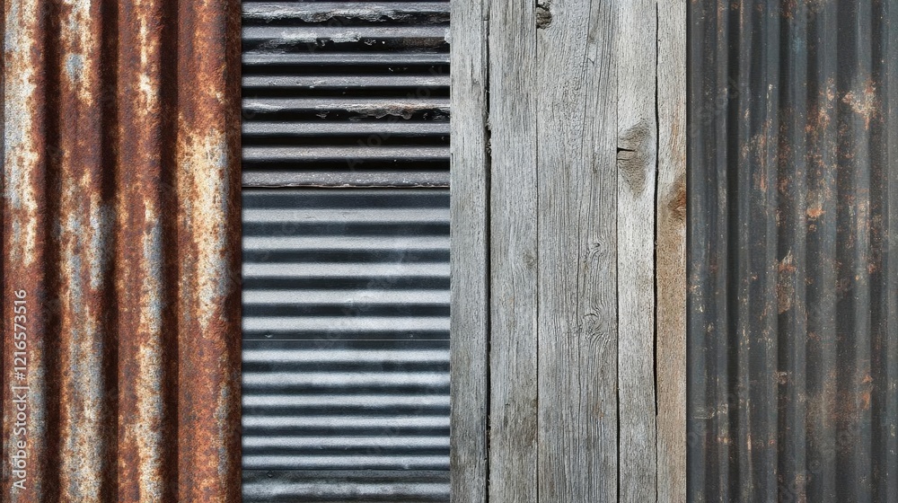 industrial texture study dark corrugated metal panels intersecting with weathered wood planks dramatic shadows and geometric patterns industrial texture study dark corrugated metal panels intersecting with weathered wood planks dramatic shadows and geometric patterns