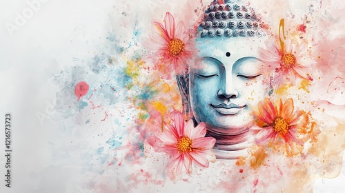 Colorful Buddha face adorned with flowers in a pastel ink painting on a white background