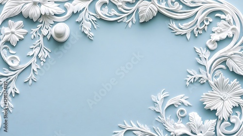 Wallpaper Mural White Floral Ornaments Frame Light Blue Background Torontodigital.ca