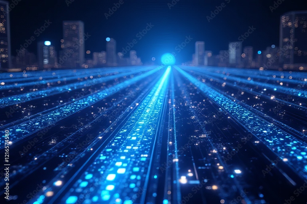 Fototapeta premium Futuristic cityscape with glowing blue lines and digital elements creating a dynamic perspective.