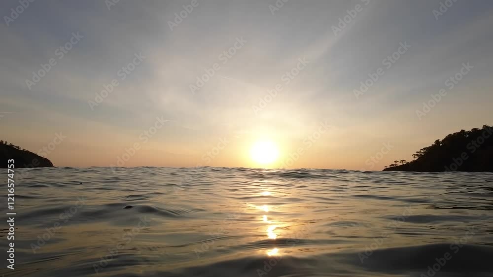 Sunset on the sea. Turkey. The yellow sun is setting over the edge of the horizon Sunset on the sea. Turkey. The yellow sun is setting over the edge of the horizon