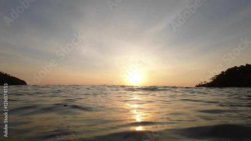 Sunset on the sea. Turkey. The yellow sun is setting over the edge of the horizon