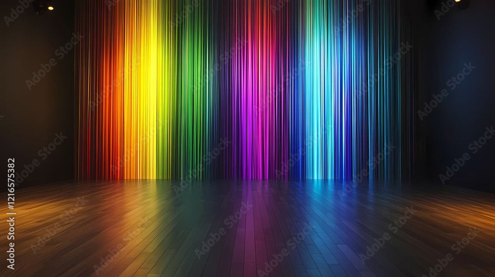 Obraz premium Space design with rainbow lines and wood floor