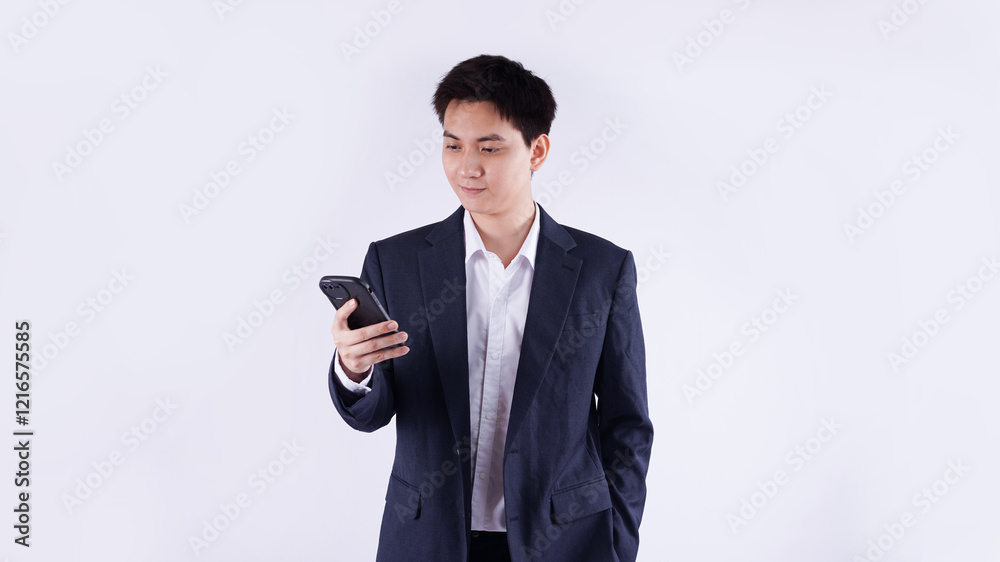 Portrait of young Asian business man using phone and posing on white background Portrait of young Asian business man using phone and posing on white background