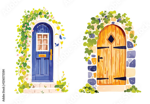 Watercolor wooden door entwined with flowers. Cute image suitable for cards, invitations, weddings, fabric making cozy door with flowers on white background