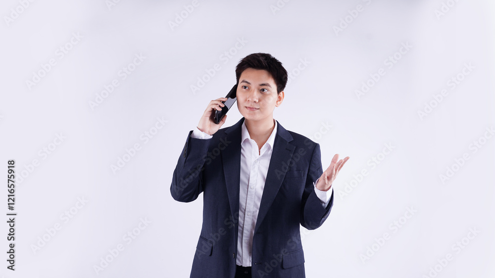 Portrait of young Asian business man using phone and posing on white background Portrait of young Asian business man using phone and posing on white background