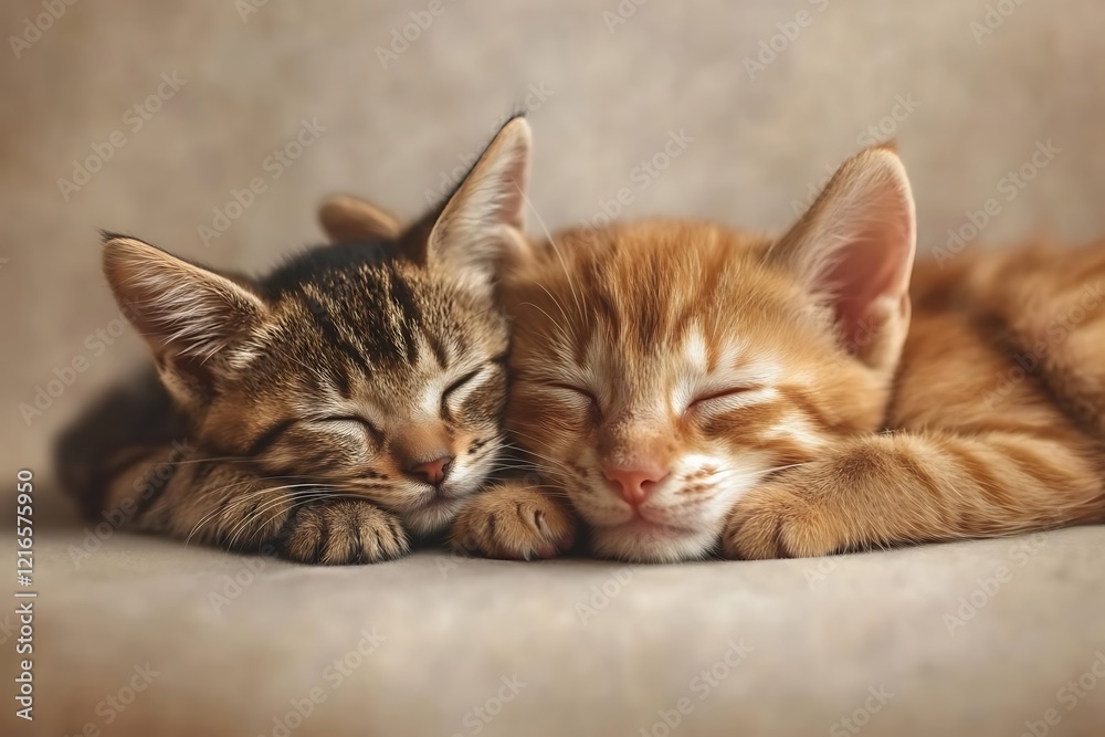 Naklejka premium Sweet Dreams: Tabby and Ginger Kittens Cuddled in Peaceful Slumber