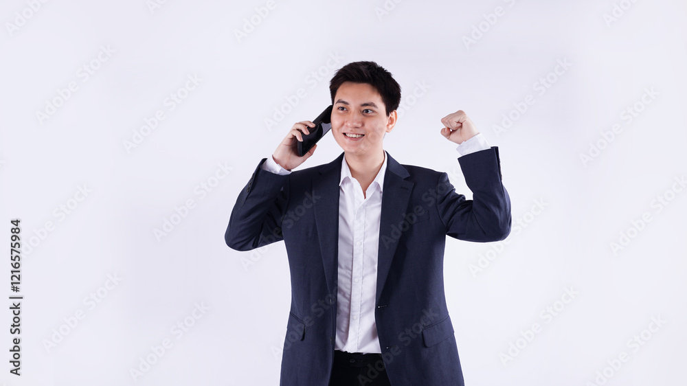 Portrait of young Asian business man using phone and posing on white background Portrait of young Asian business man using phone and posing on white background