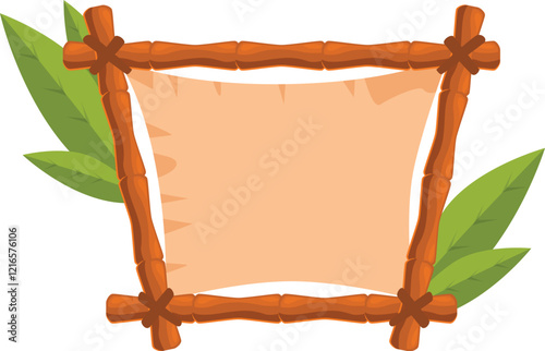 Tropical leaves decorating an empty canvas hanging on a bamboo frame, perfect for jungle themed designs