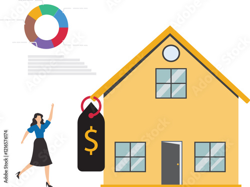House investment, real estate price growth or mortgage calculation chart, buy or rent house decision, Housing price rising up, smart businesswoman property expertise presenting house pricing graph