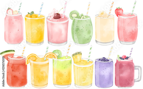 Watercolor Smoothies Illustration - A Colorful Collection of Fresh Juices, Milkshakes, and Fruit Drinks Artwork