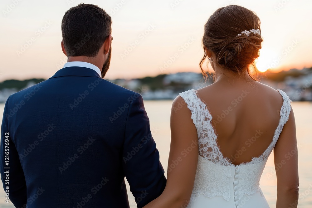 A romantic image of newlyweds holding hands, gazing at a stunning sunset over a calm sea, symbolizing love, commitment, and the beginning of a beautiful journey together. A romantic image of newlyweds holding hands, gazing at a stunning sunset over a calm sea, symbolizing love, commitment, and the beginning of a beautiful journey together.