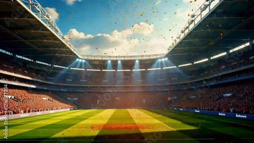 An empty stadium arena, filled with confetti celebrating a victory, as animated fans cheer in the background under the bright sunlight. High-quality 4K footage.