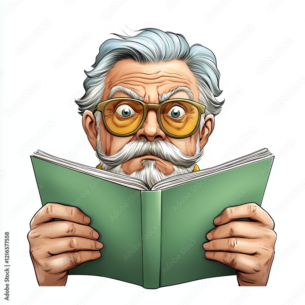 Elderly man with surprised expression reading an open book with curiosity and intrigue in colorful graphic illustration Elderly man with surprised expression reading an open book with curiosity and intrigue in colorful graphic illustration