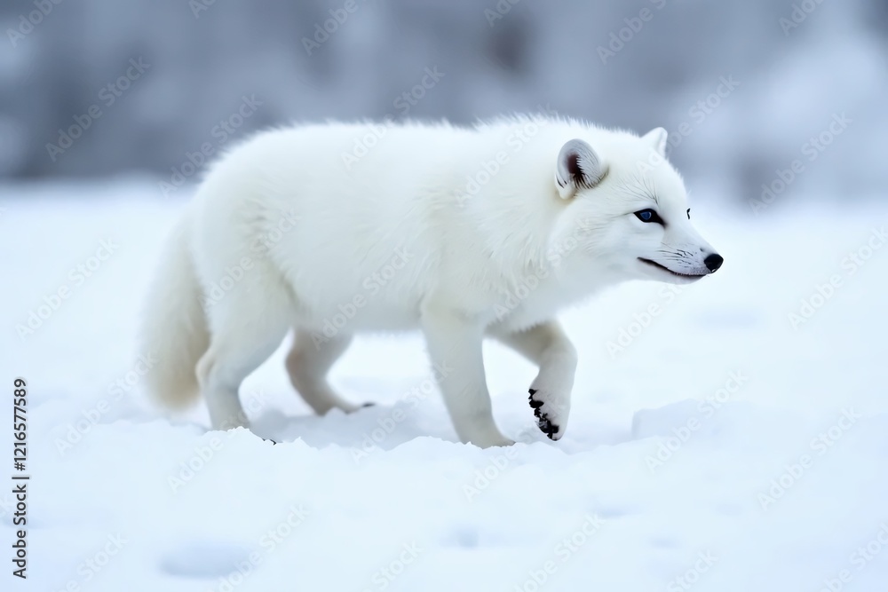 Fototapeta premium Arctic Fox in Winter Wonderland: A majestic Arctic fox, its fur a pristine white, strides confidently through a pristine snowscape.