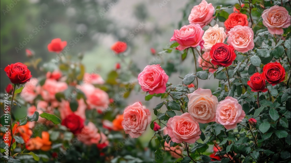Colorful Rose Garden with Various Shades of Pink and Red Blooms in Natural Setting Colorful Rose Garden with Various Shades of Pink and Red Blooms in Natural Setting
