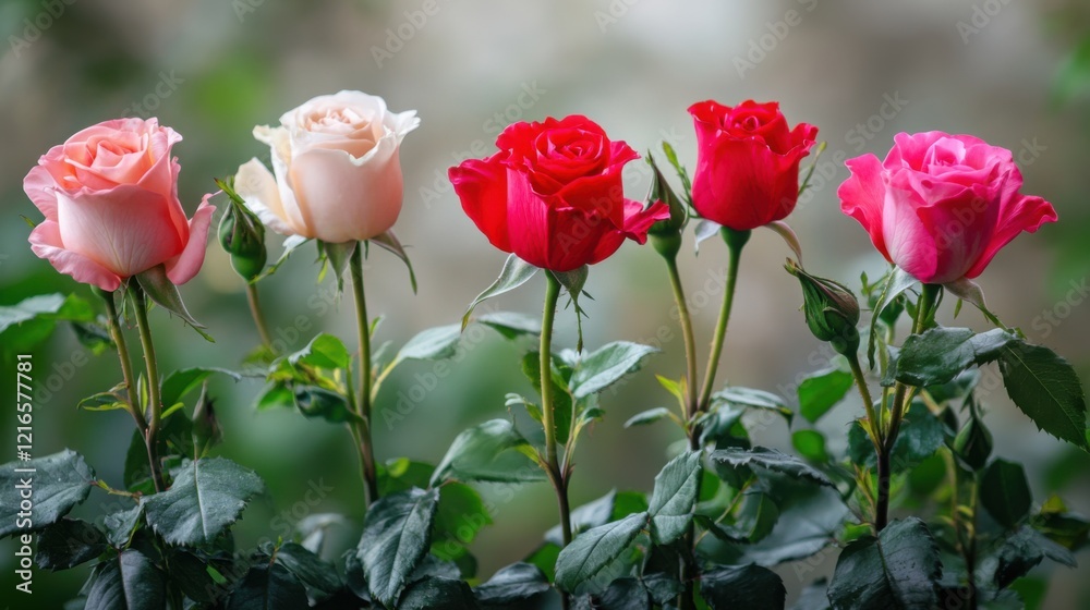 Vibrant Roses in Varying Shades of Red and Pink Against a Soft Blurred Background Vibrant Roses in Varying Shades of Red and Pink Against a Soft Blurred Background