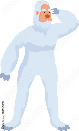 Yeti standing and looking into the distance, searching something with hand over eyes