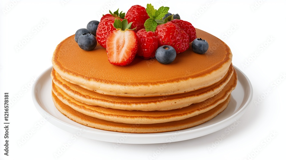 Stack of fluffy pancakes adorned with fresh strawberries and blueberries served on a white plate Stack of fluffy pancakes adorned with fresh strawberries and blueberries served on a white plate