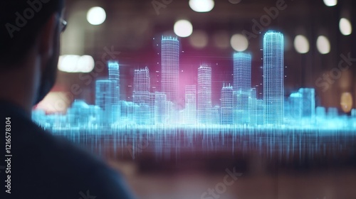 Futuristic Cityscape with Digital Skyline Visuals
