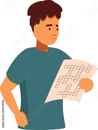 Person focusing on completing crossword puzzle, engaging in leisure activity