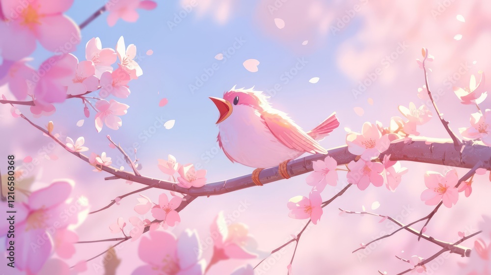 A vibrant pink bird singing amidst blooming cherry blossoms under a pastel sky A vibrant pink bird singing amidst blooming cherry blossoms under a pastel sky