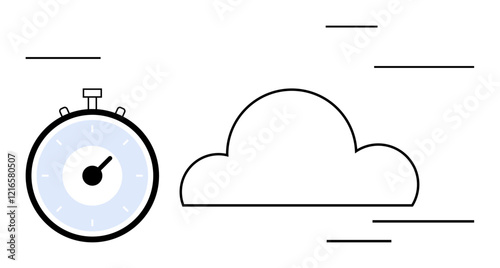 Stopwatch with cloud and lines. Ideal for time tracking, cloud services, productivity, efficiency, deadlines, digital solutions, work-life balance themes. Line metaphor