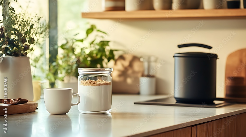 A minimalist kitchen setup with powdered milk in a glass container, a cup, and a pot of tea beside it A minimalist kitchen setup with powdered milk in a glass container, a cup, and a pot of tea beside it