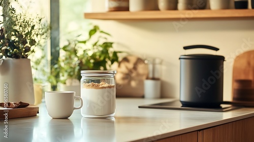 Wallpaper Mural A minimalist kitchen setup with powdered milk in a glass container, a cup, and a pot of tea beside it Torontodigital.ca