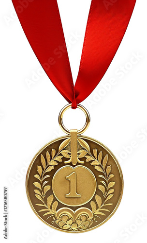 Edle, goldene, glänzende Medaille für den ersten Platz oder Sieger am roten Band, freigestellt photo