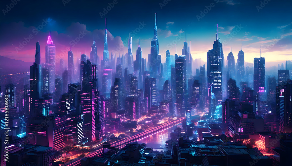 Obraz premium Realistic Cyberpunk City Skyline with Purple and Cyan Neon lights