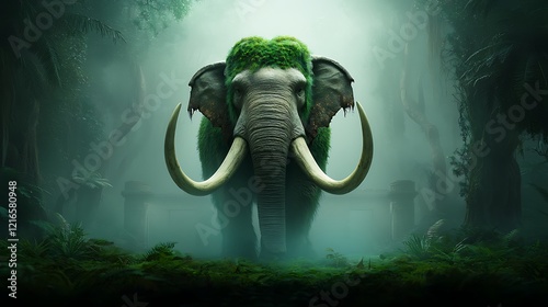 Mossy mammoth in misty jungle; ancient ruins background; fantasy wildlife art photo