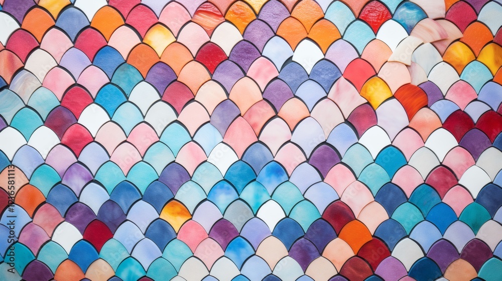 Colorful mosaic of overlapping scales creates a vibrant pattern on a decorative wall Colorful mosaic of overlapping scales creates a vibrant pattern on a decorative wall