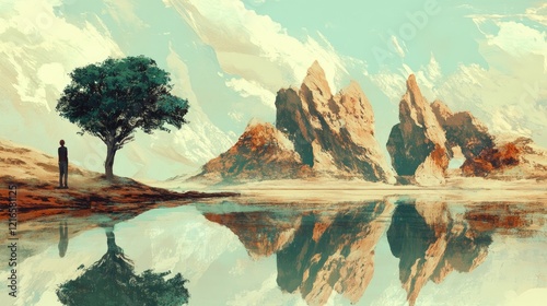 Landscape of organic flat meditative humans