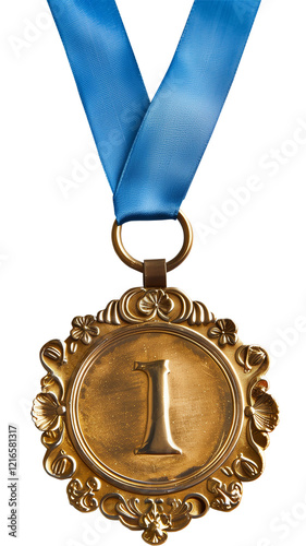 Edle, goldene, glänzende Medaille für den ersten Platz oder Sieger am blauen Band, freigestellt